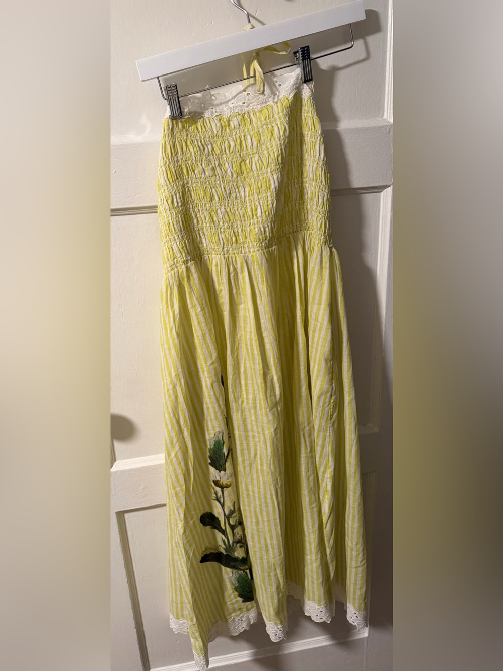 Anthropologie Lyrebird Yellow Striped Midi Dress floral trim Ladybug Print Sz L - Picture 2 of 14